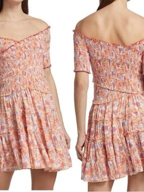Poupette St. Barth Off-Shoulder Floral Mini Dress in Pink and Orange
